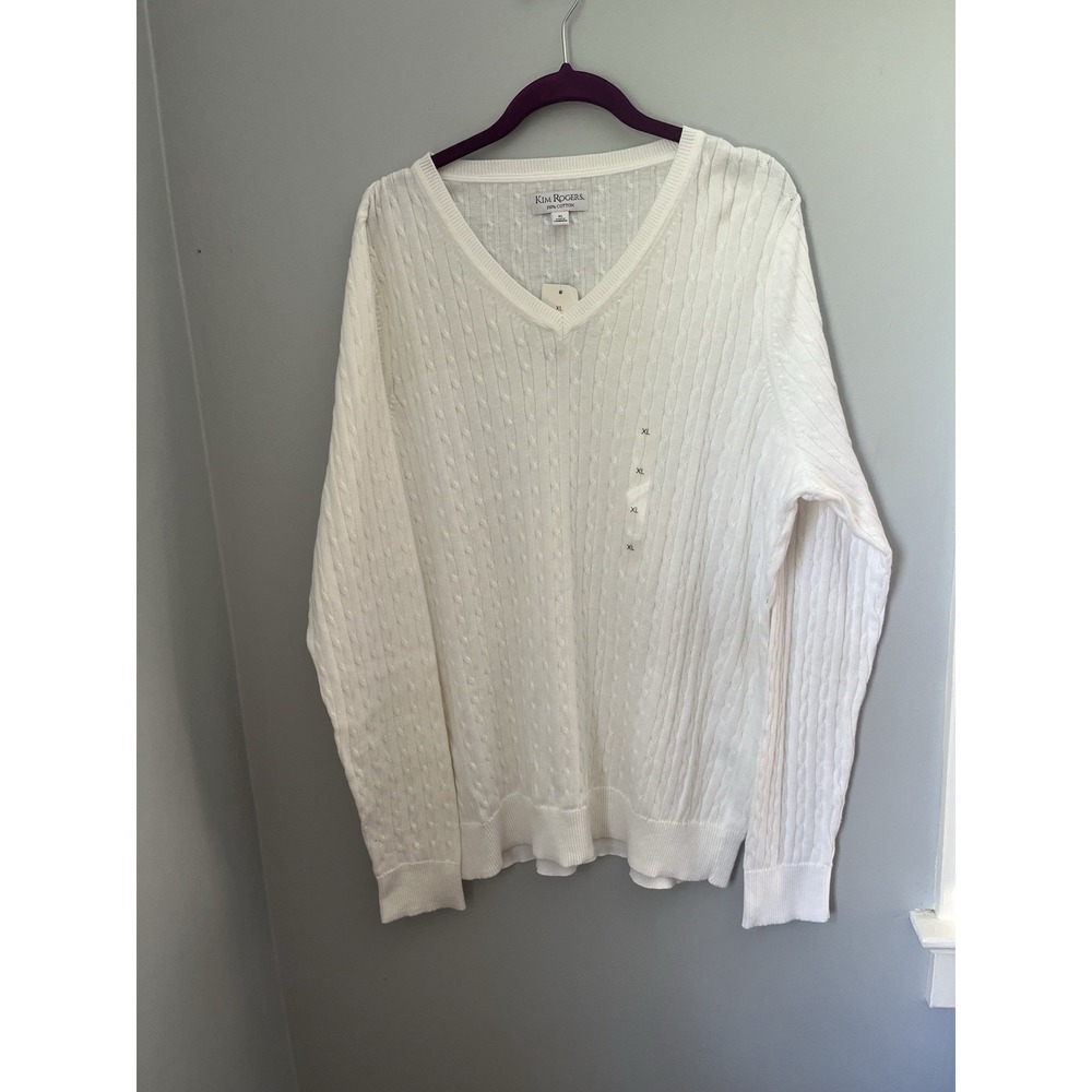 Kim Rogers Women's Cable Knit Sweater V-neck Long Sleeve White Size XL NWT